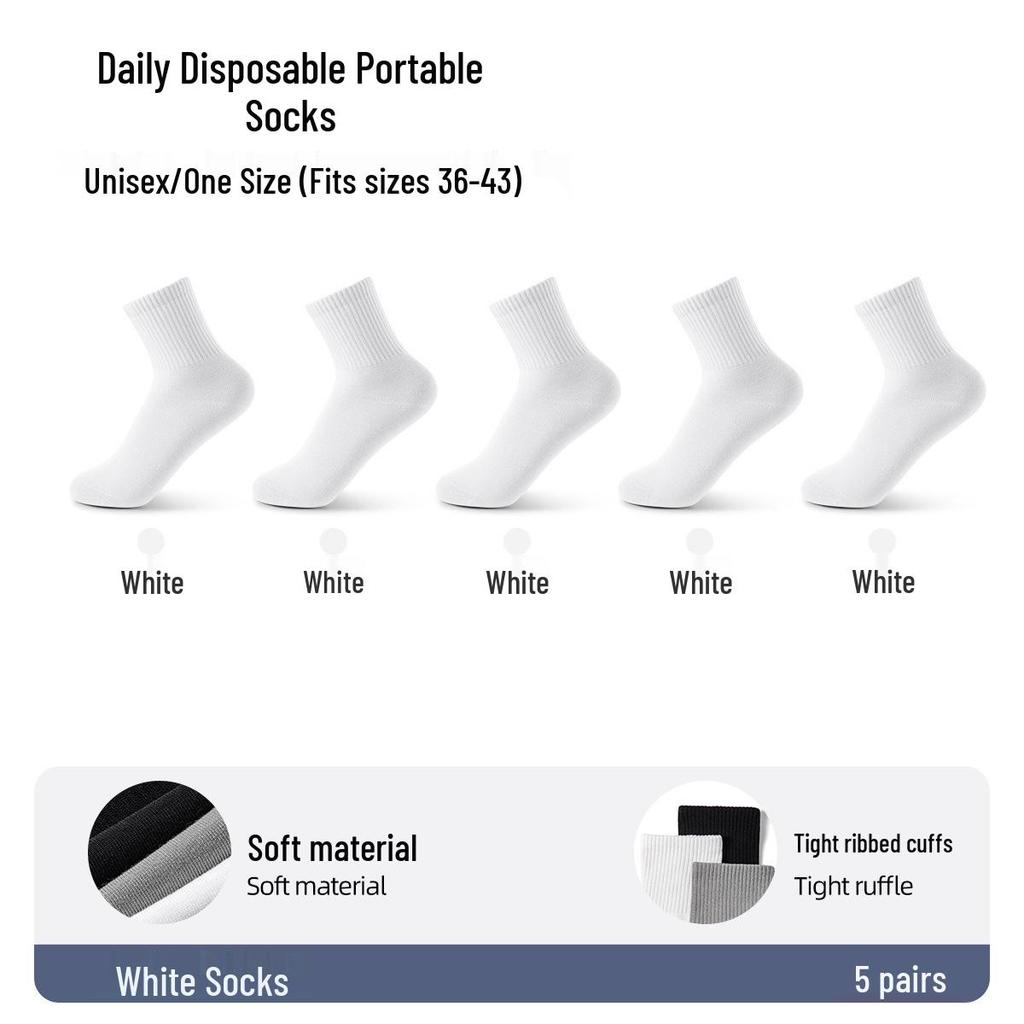 Disposable Mid-Calf Cotton Socks for Men and Women - Breathable, Sweat-Absorbent, Odor-Resistant for Travel and Daily Use.