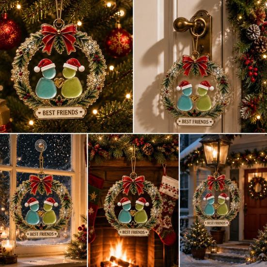 Indoor Bedroom Living Room Decor Best Friends Christmas Wreath Pendant, Acrylic Hanging Ornament, Outdoor Festive Decorative Piece for Holiday