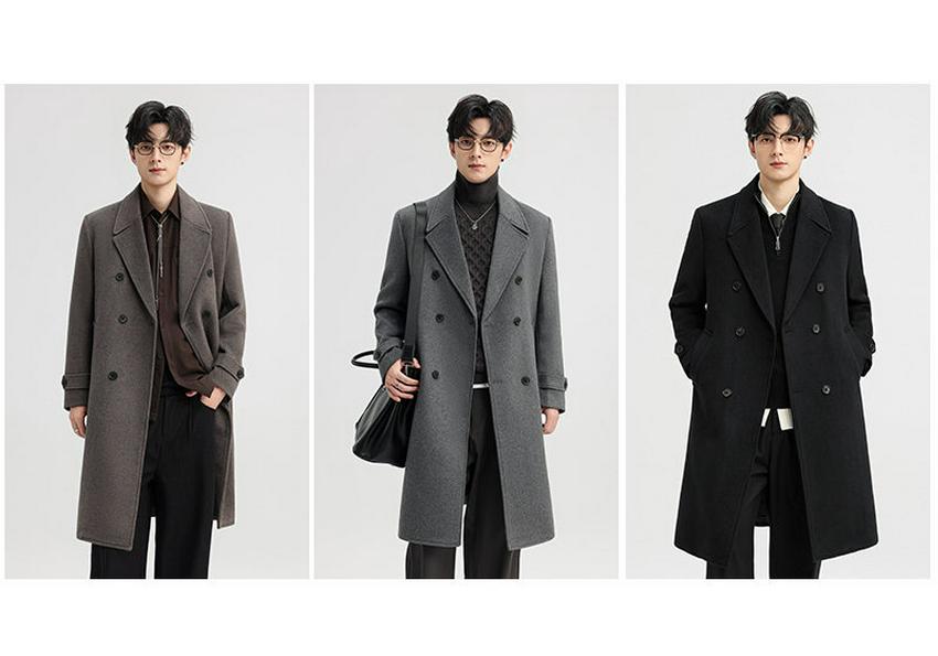 Men's Long Double-Breasted Double-Sided Wool Coat for Autumn/Winter