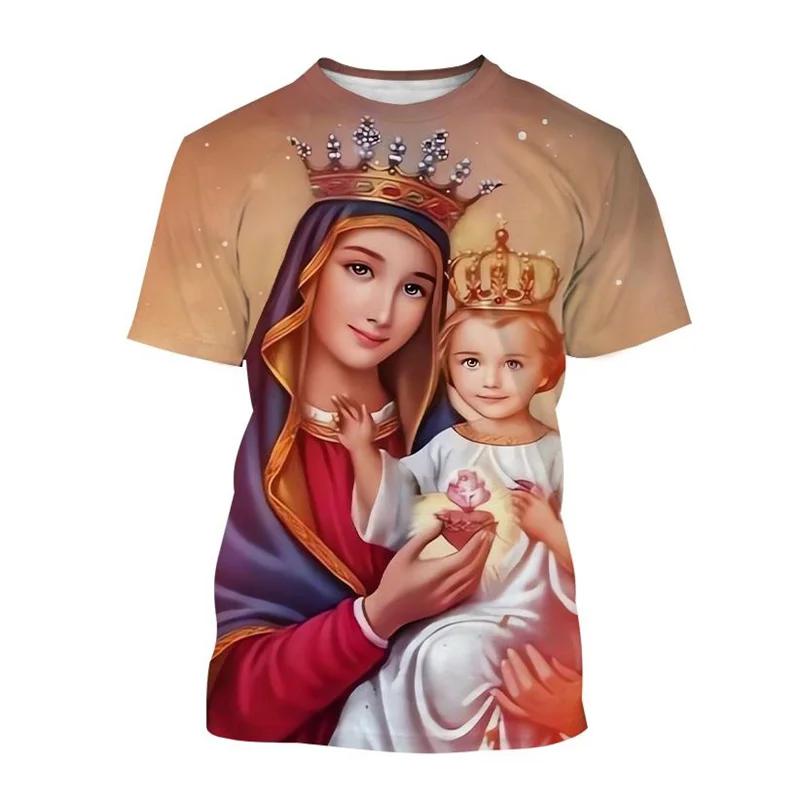 Hot Selling Virgin Mary 3D Printed T-shirt Personality Christianity Mother Of God Holy Child Tees Casual Short-sleeved T Shirt