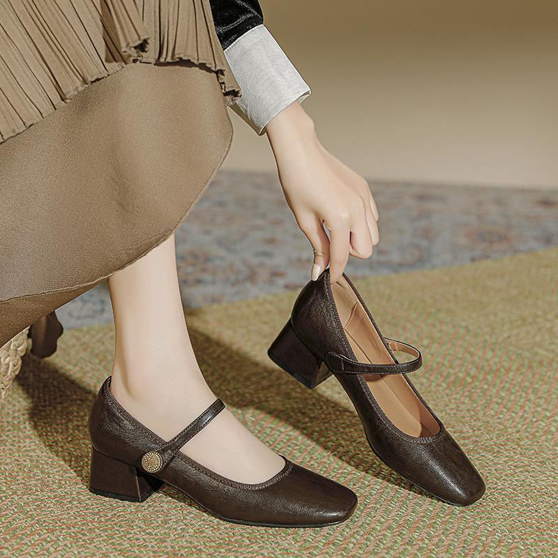 French Leather Versatile Mary Jane Shoes Women's 2025 Spring and Autumn New Retro One-word with Thick Heel Single Shoes Sheepskin Version~