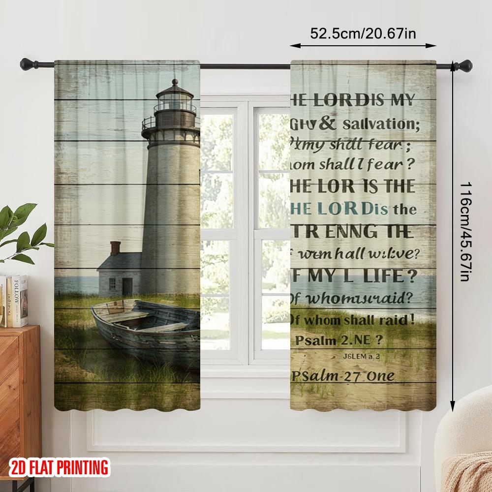2pcs 2D flat printing Scene Curtain Lighthouse Ocean Psalm Fear Polyester Without Electricity Festive Holiday Perfect for