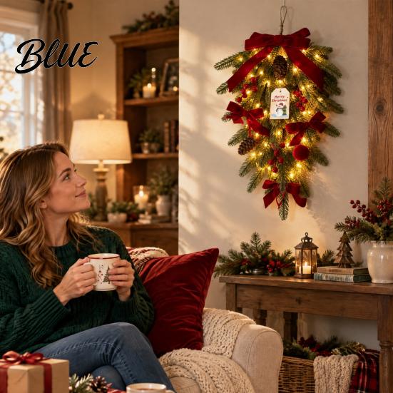 Holiday Wreath with Red Berries Christmas Teardrop Swag LED Lights Artificial PE Pine Hanging Decoration Lighted Door Bow Pinecones for Front