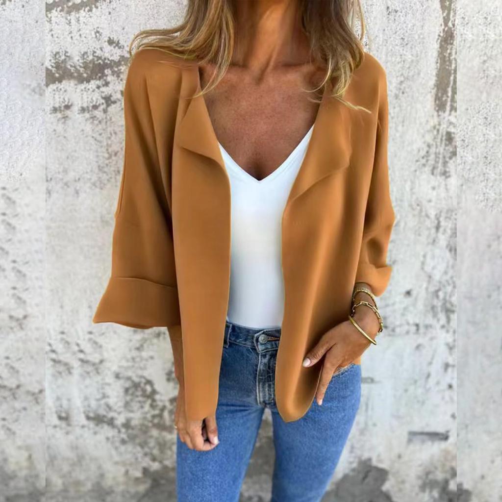 Fashionable Women's Spring  Casual Cardigan Solid Color Lapel Jacket