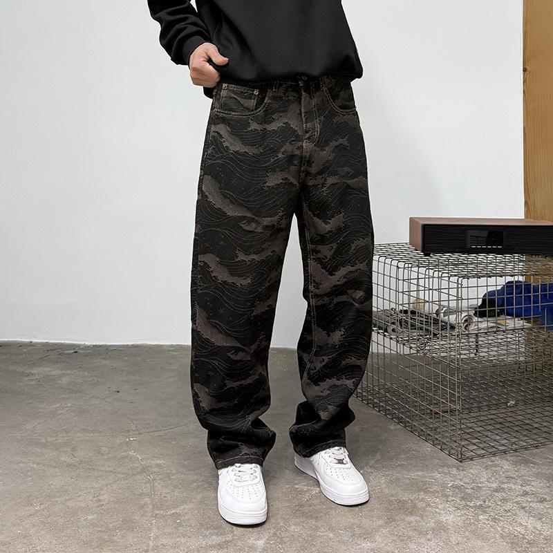 American High Street Jacquard Jeans Boys Trendy Brand Ruffian Handsome Personality Retro Street Popular Straight Wide-leg Pants