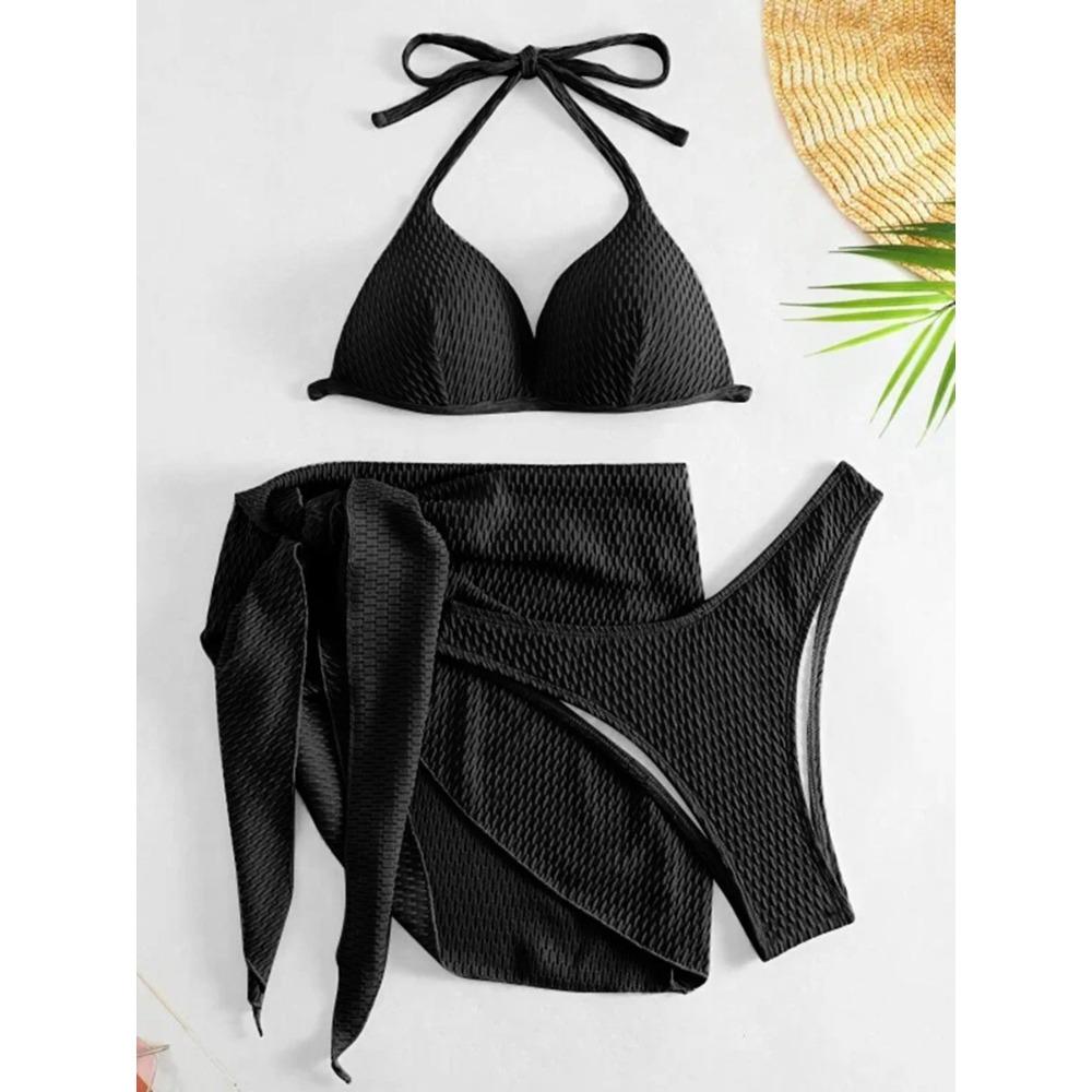 With Beach Sarong Bra Cup Wrinkled Bikini Female Swimsuit Women Swimwear Three-pieces Bikini Set Push Up Bathing Suit Swim Lady
