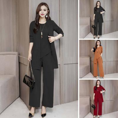3 Pcs/Set Women Spring Fall Outfit Pure Color Sleeveless O Neck Vest Long Sleeves Coat Wide Leg Pants Set OL Commuting Daily Wear Outfit