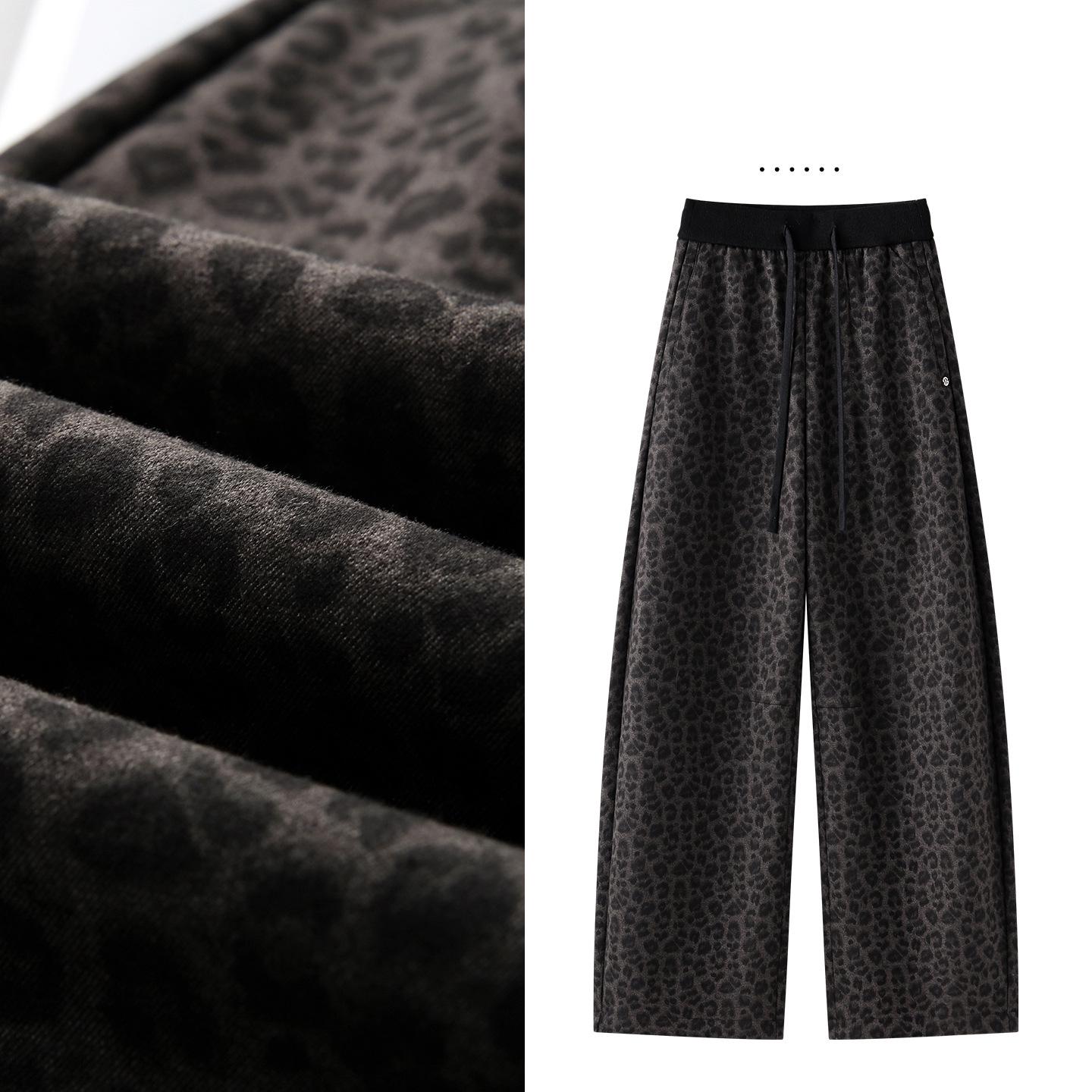 Women s Autumn/Winter Leopard Print Curved Blade Wide-Leg Pants - High Waist, Elastic, Plus Velvet, Loose Fit, Fashionable and Casual. S