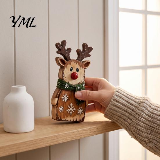 Rustic Holiday Tabletop Decor Christmas Wooden Figurine, Hand Painted Santa Reindeer Cat Decor, Window Display Props Wood Statues for Mantel,