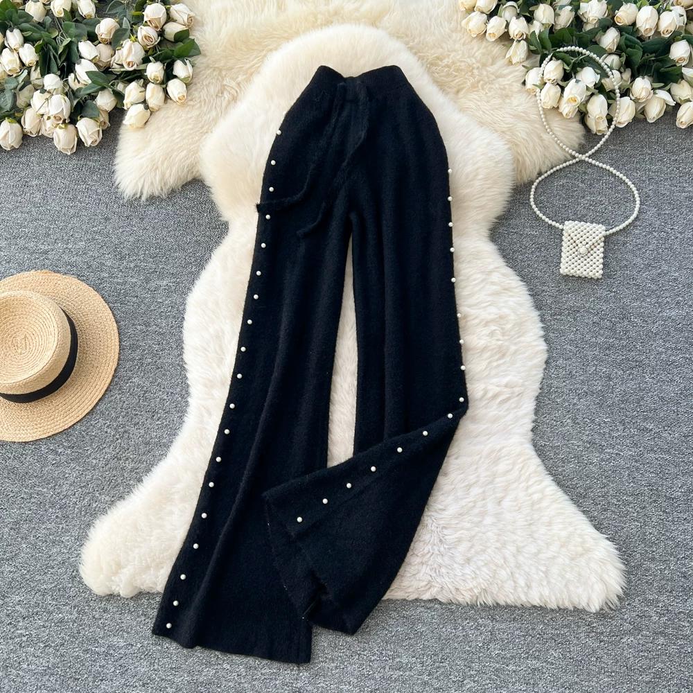 

Autumn Winter Women Sweet Beading Knitted Sweater Drawstring Wide Leg Home Pant Trouser One Size
