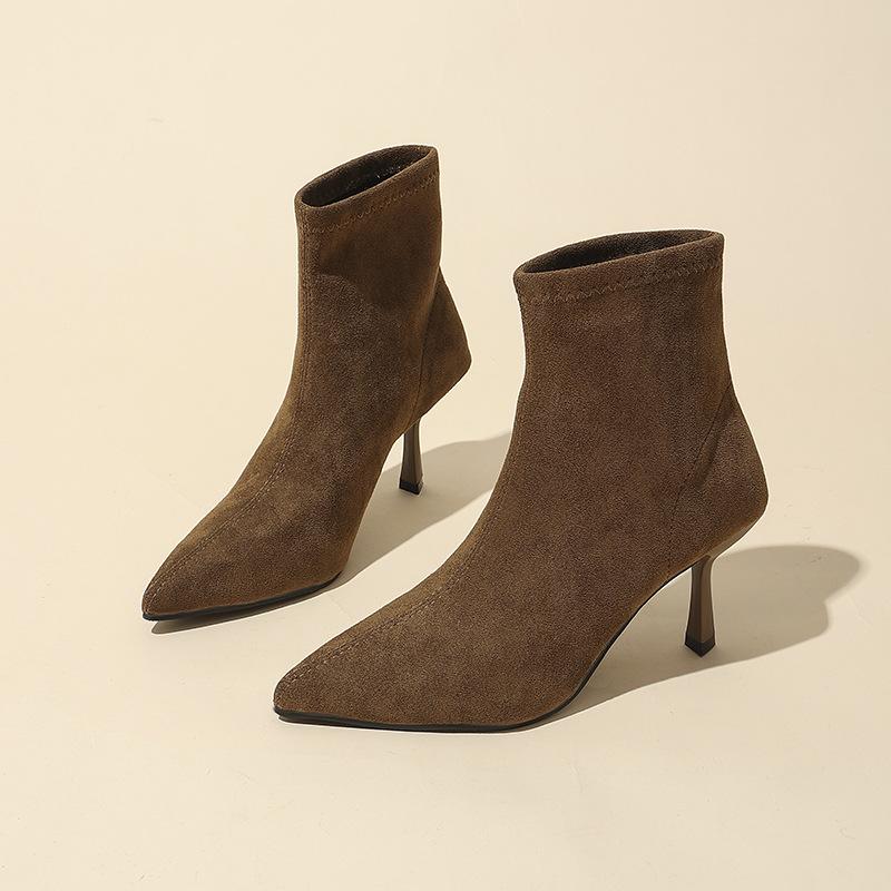 

Темпераментные замшевые тонкие короткие ботильоны на высоком каблуке с острым носком женская обувь 2025 новая осень и зима бархатные корейские маленькие ботильоны 40
