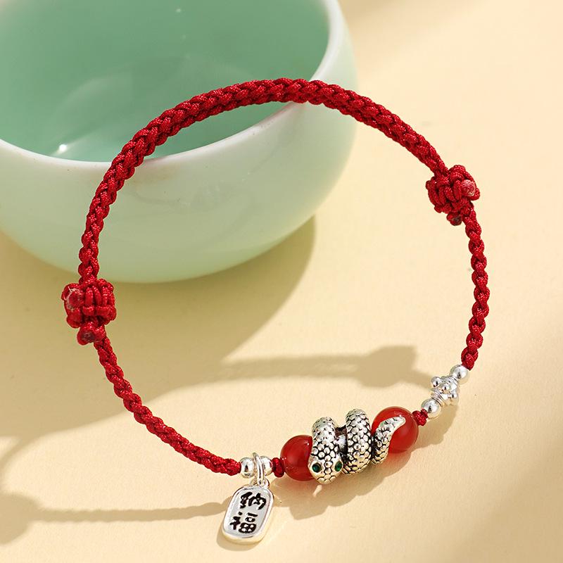 Benmingnian Red Agate Couple Bracelet: Hand-Woven Red String Braided Rope for Wealth & Fortune, Women's Fu Snake Design.