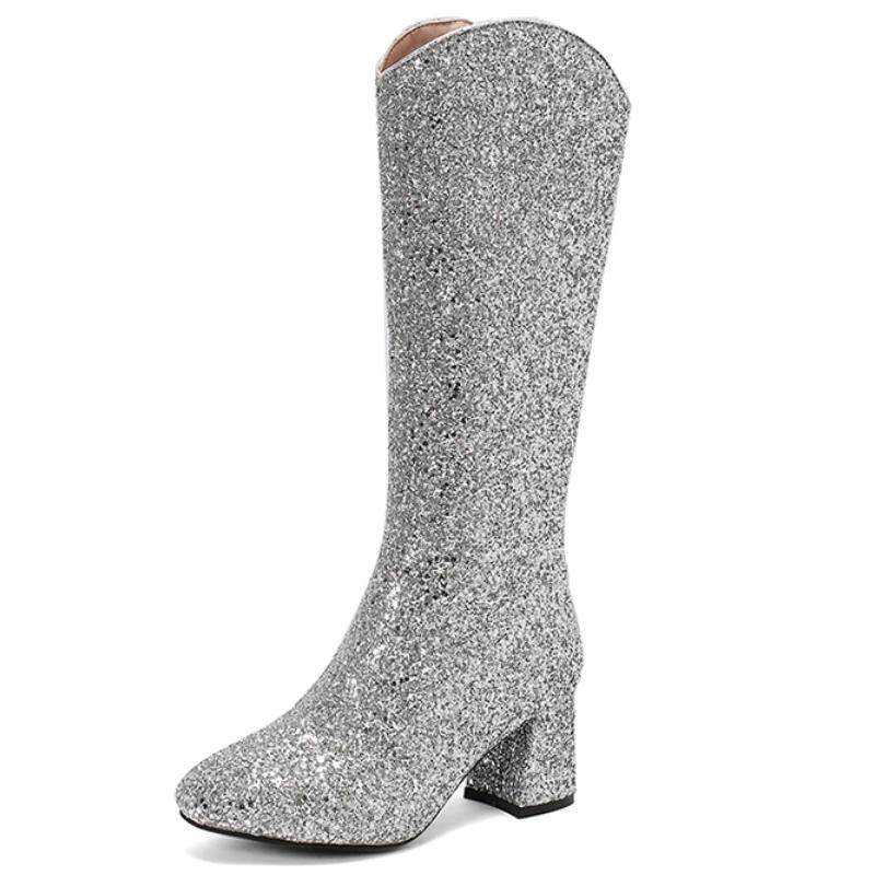 

Luxury Knee High Boots Winter Shoes Fashion Gold Silver High Heels Boot Women s Sequined Zipper Long Party Shoes Big Size 45 39 срібний