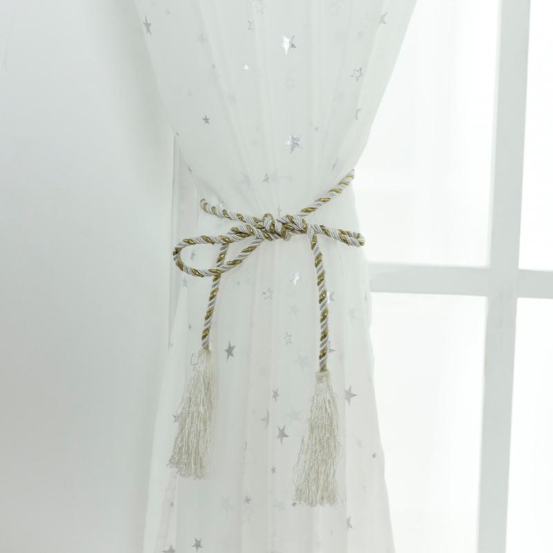Silver Pressed Star Embroidered Curtain with Rod Light Transmission Tulle Curtains for Living Room Bedroom Kitchen Kids Baby Room Door Window 1PC