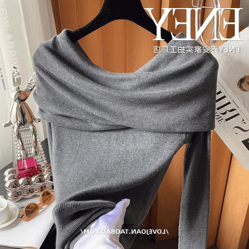 French spring knitted shoulder top women s new off-the-shoulder sweater inner cardigan S 40-47.5kg