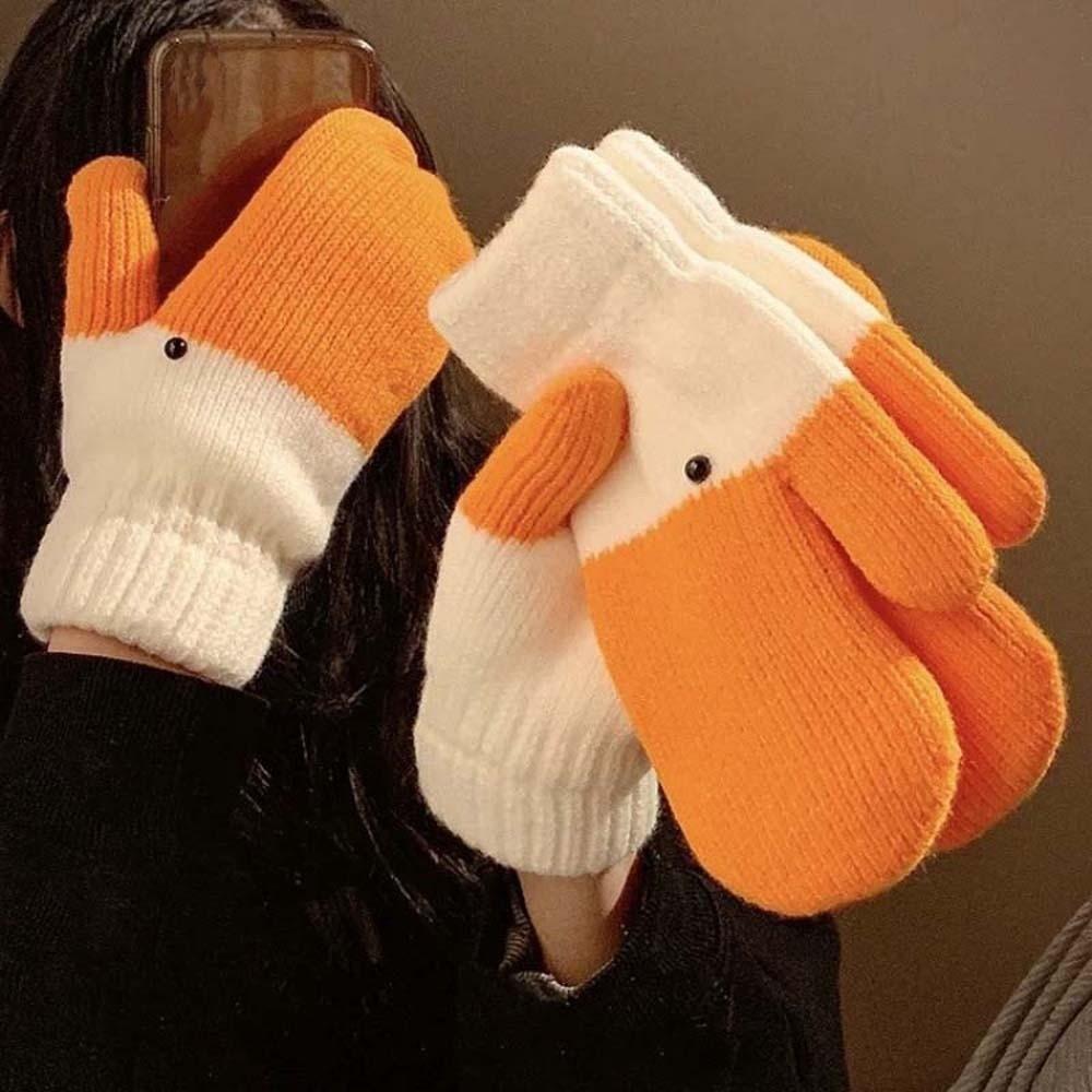 Fashion Orange Cartoon Goose Gloves Polyester Windproof Winter Knitted Gloves Warmer Thickened Anti-cold Mittens Outdoor