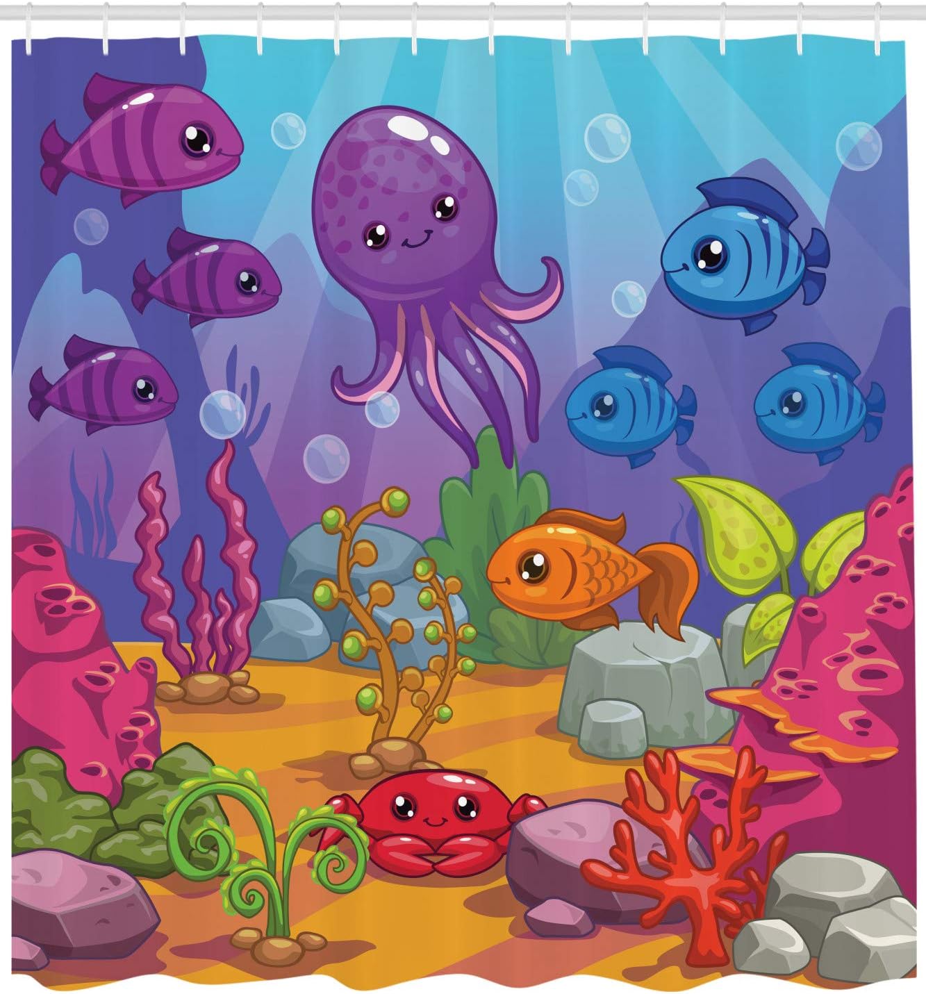 Cartoon Underwater Shower Curtain with Hooks – Octopus, Fish & Coral Reef, Purple Blue Aquarium Scene for Kids 90x180cm35x71in