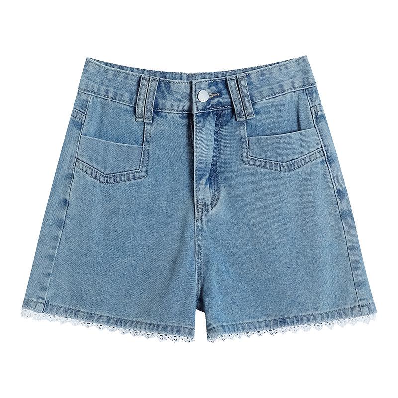 Blaue Jeans-Shorts mit hoher Taille und weitem Bein mit Spitze - Damen Übergröße Sommer Lässig