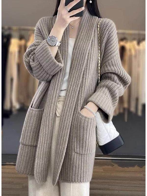 Korean Style Chunky Knit Plus Size Loose Cardigan - Autumn/Winter Women's Trendy Mid-Length Sweater Coat