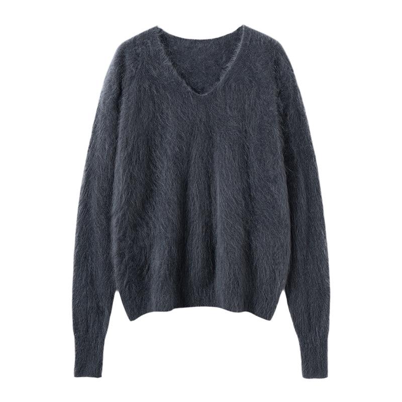 100% Pure Cashmere V-Neck Women's Loose Fit Brushed Knit Sweater - Long Sleeve Autumn/Winter Fashion Jumper