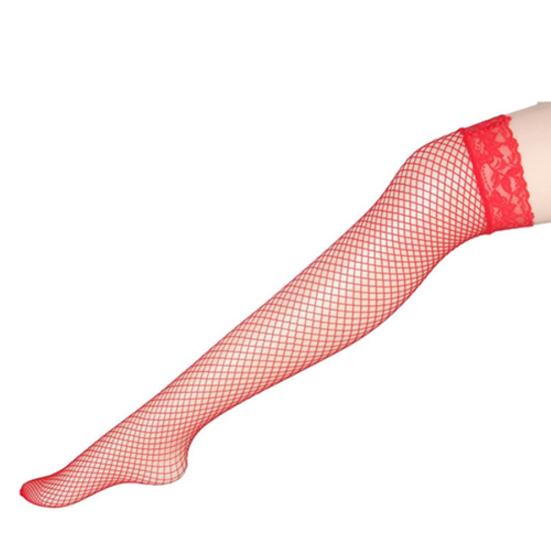 Sexy Women Long Socks Fishnet Mesh Solid Color Lace Top Thigh High Stockings