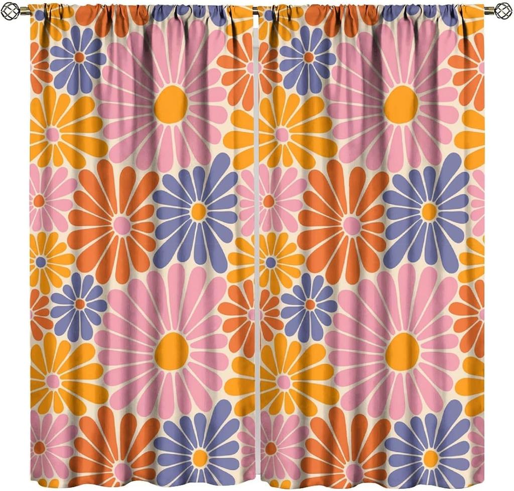 70S Flowers Curta Retro Colors Floral Groovy Vintage Colorful Blackout Window Drapes For Bedroom Living Room Kitchen Cafe