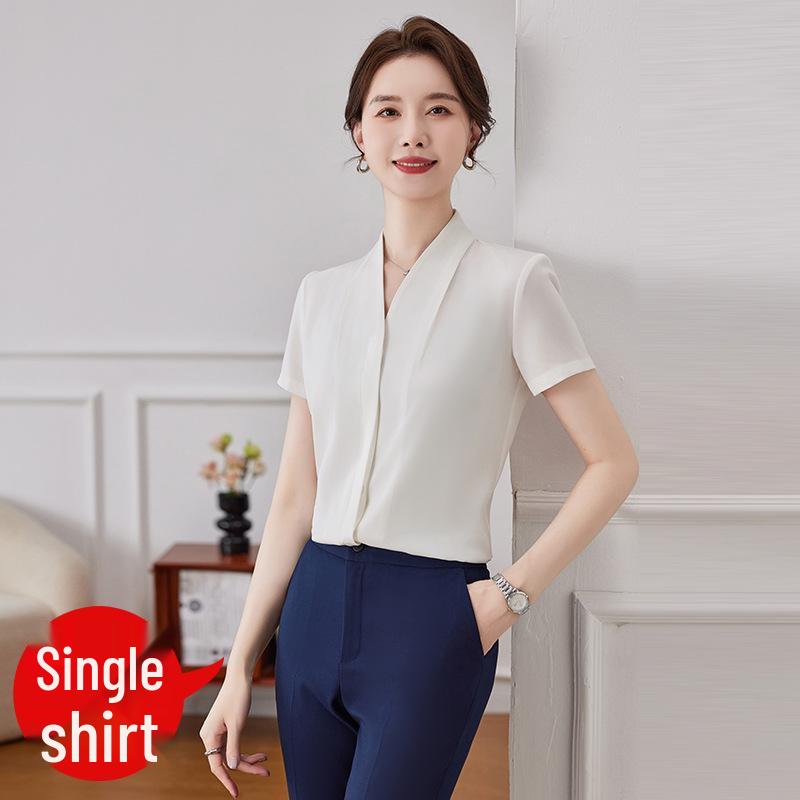 Women's High-End V-Neck Formal Shirt - Summer Professional Top for Teacher Interviews