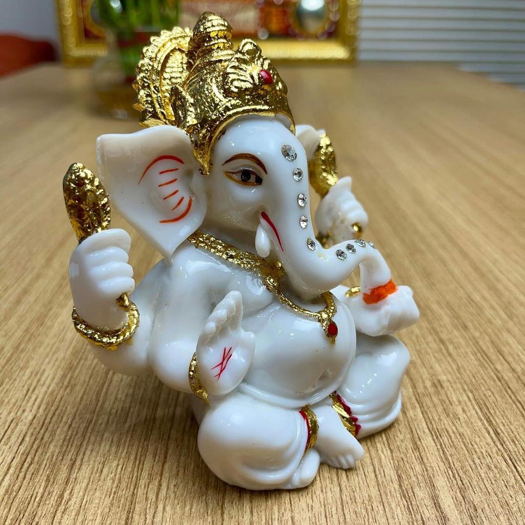 Handmade Marble Dust Lord Ganesha 4.5 Inch for Diwali God Idol Art Figurine for Home Car Dashboard Ganpati Ganesh Murti Temple Pooja Decorative
