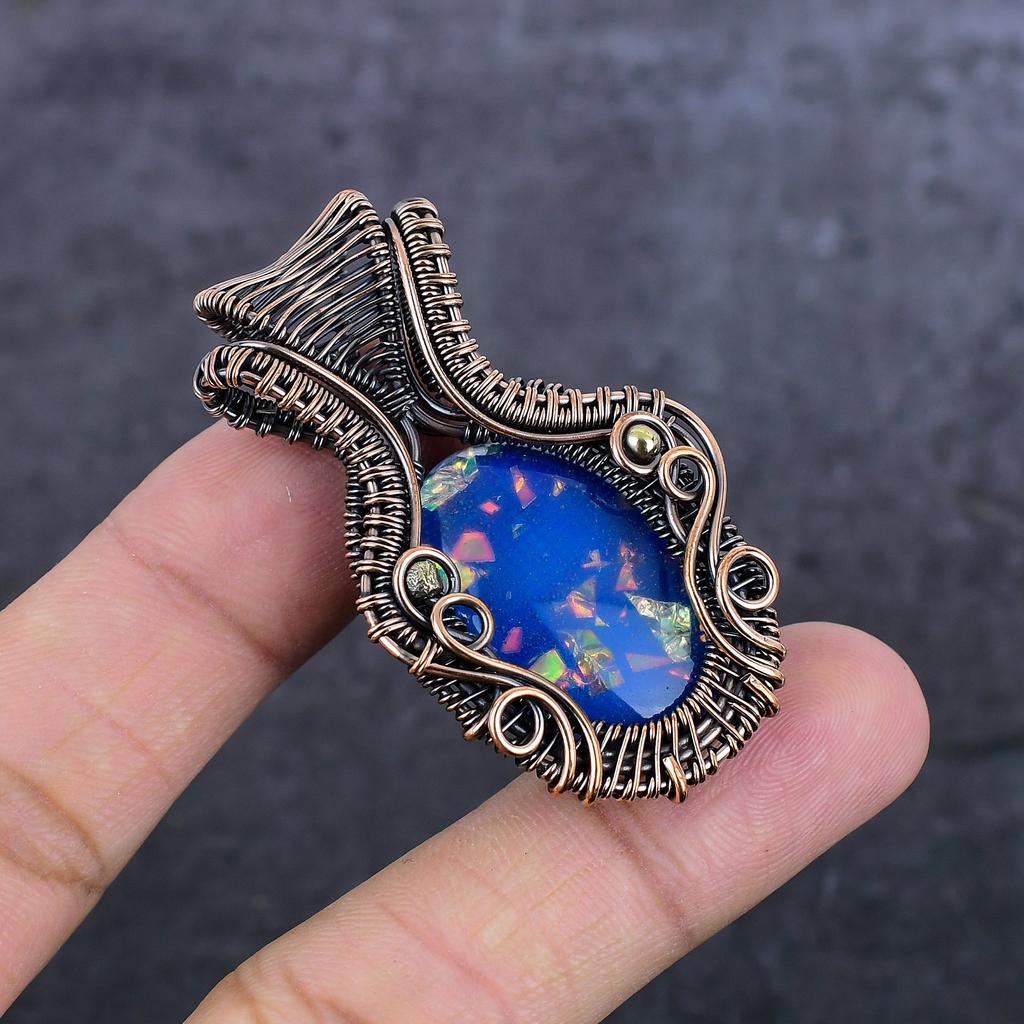 Blue Triplet Opal Handmade Copper Wire Wrap Jewelry Pendant 2.17" r3b51