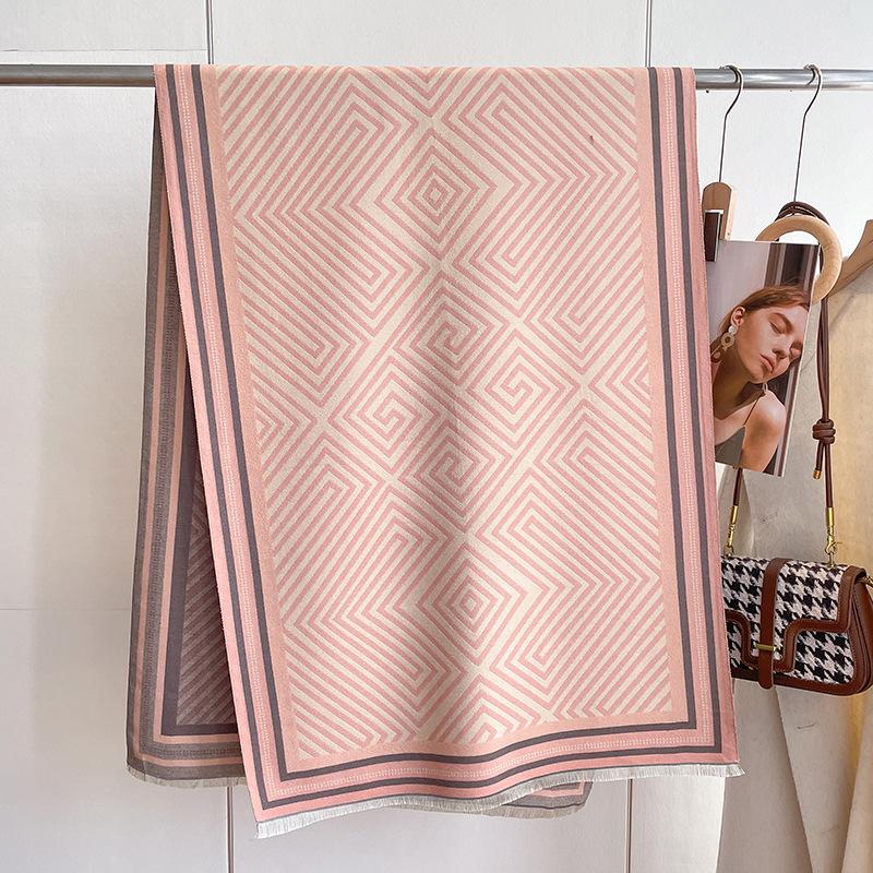 Winter Geometric Striped Imitation Cashmere Scarf Women'S Fashion Korean Version Ins Thickened Warm Travel Dual-Purpose Shawl