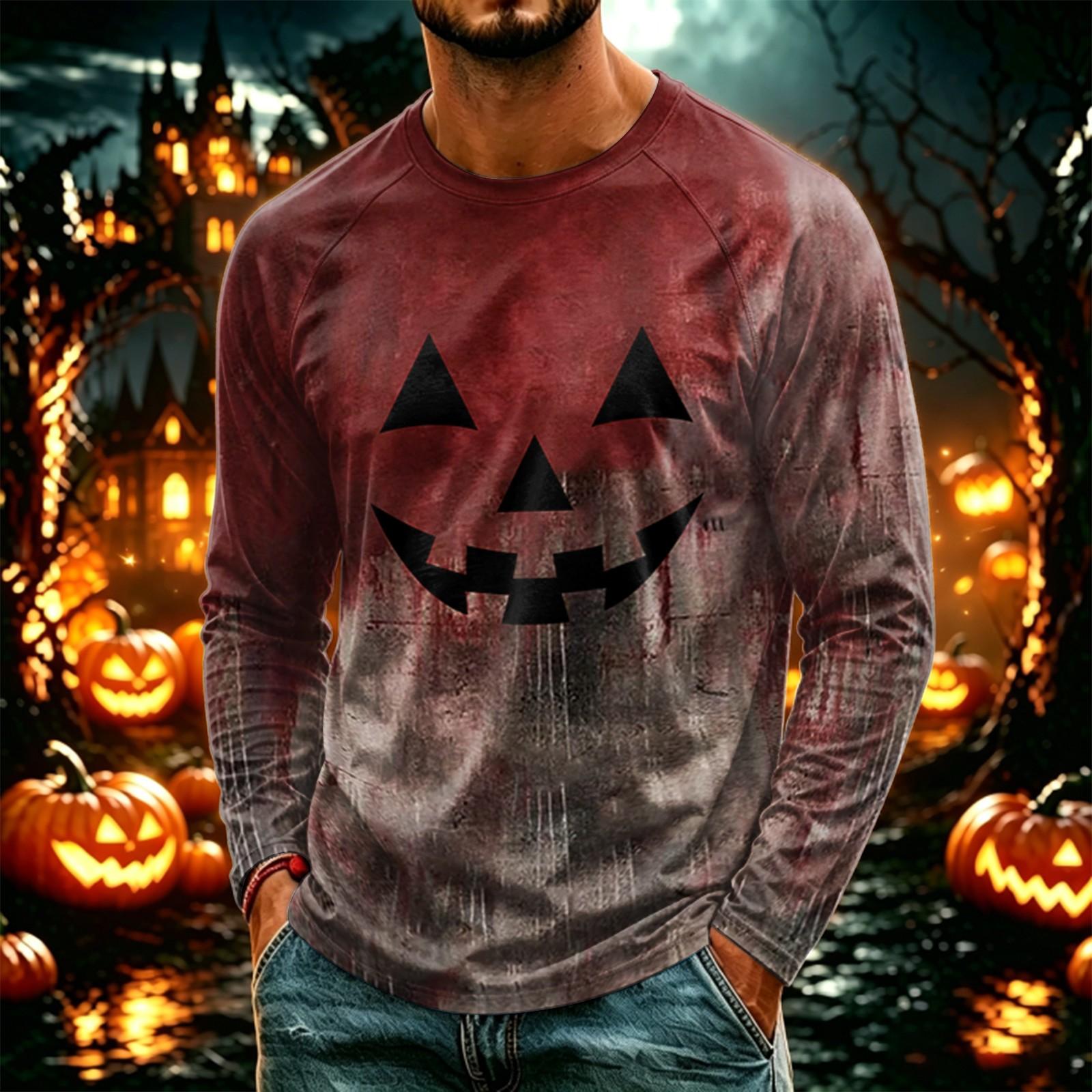 Men s Casual Halloween Printed Long Sleeve Round Neck Lightweight T-Shirt M