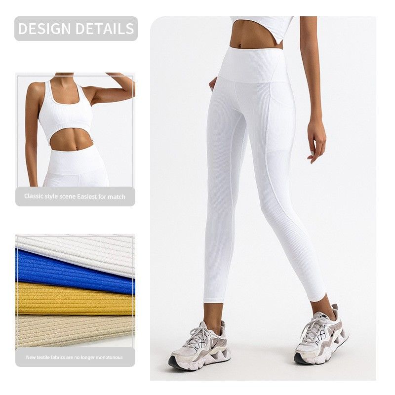 Export Cross-Border Stripes Pocket Yoga High-Waist Quick-Drying Sports and Fitness Running Silm Training Cropped Pants Long Pants