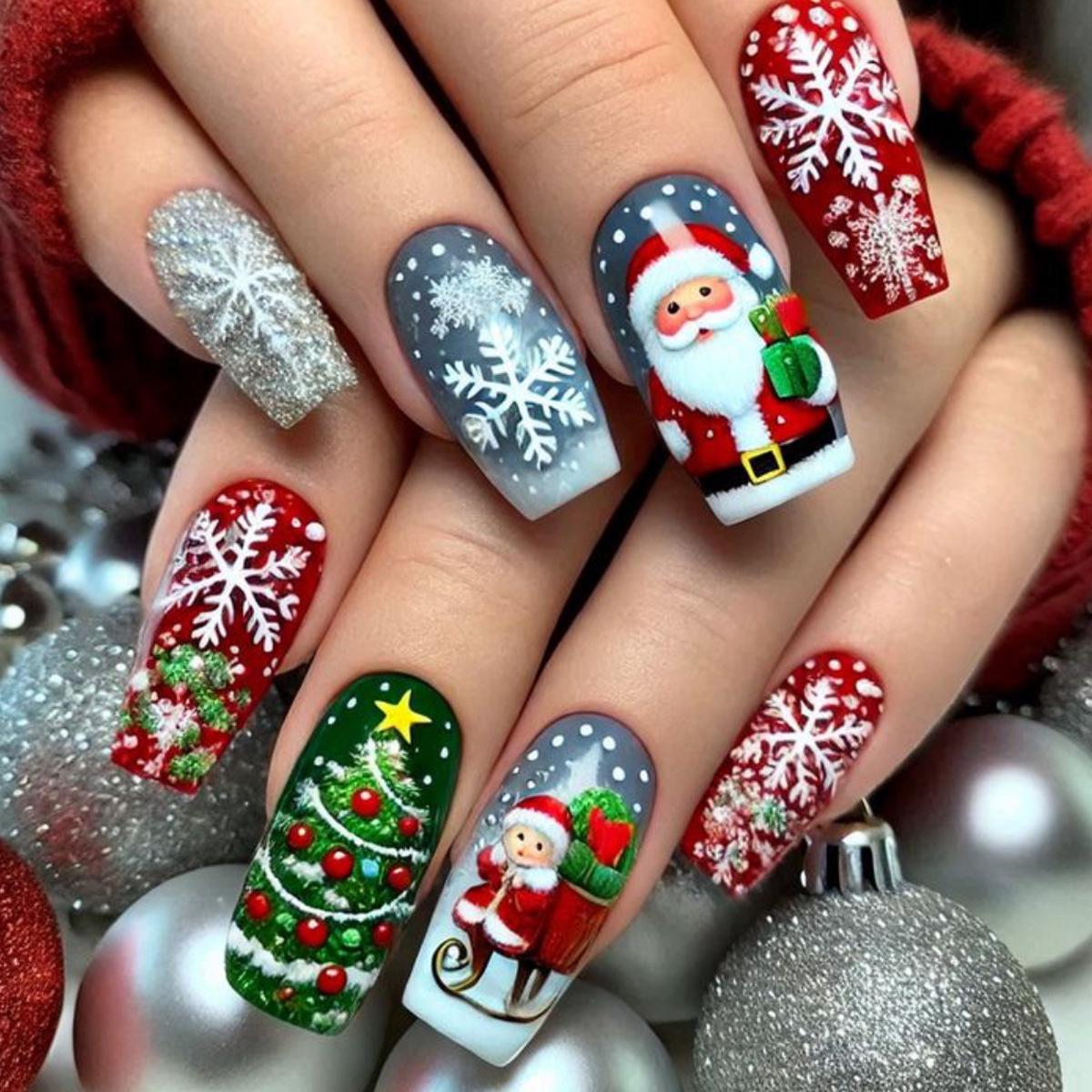 Christmas Medium-Length Square Nail Stickers - Santa Claus, Snowflake, & Tree Designs