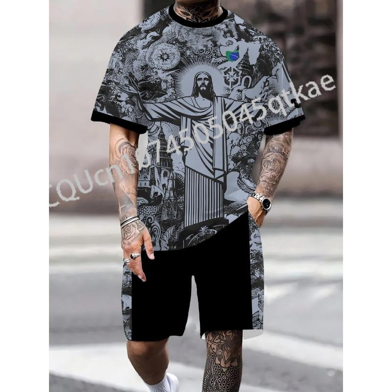 Summer  Brazilian Special Edition Jesus Football Jersey Summer Football Training T-shirt+Shorts Men and Women Set Sports