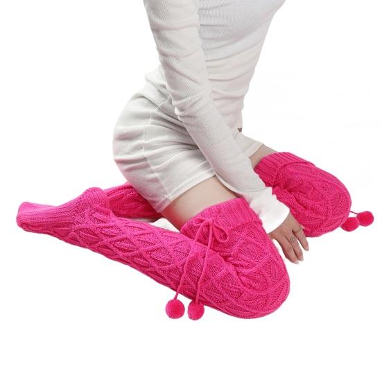 1 Pair Women Long Socks Solid Color Rhombus Texture Autumn Winter Knitting Stockings with Wool Balls Daily Wear