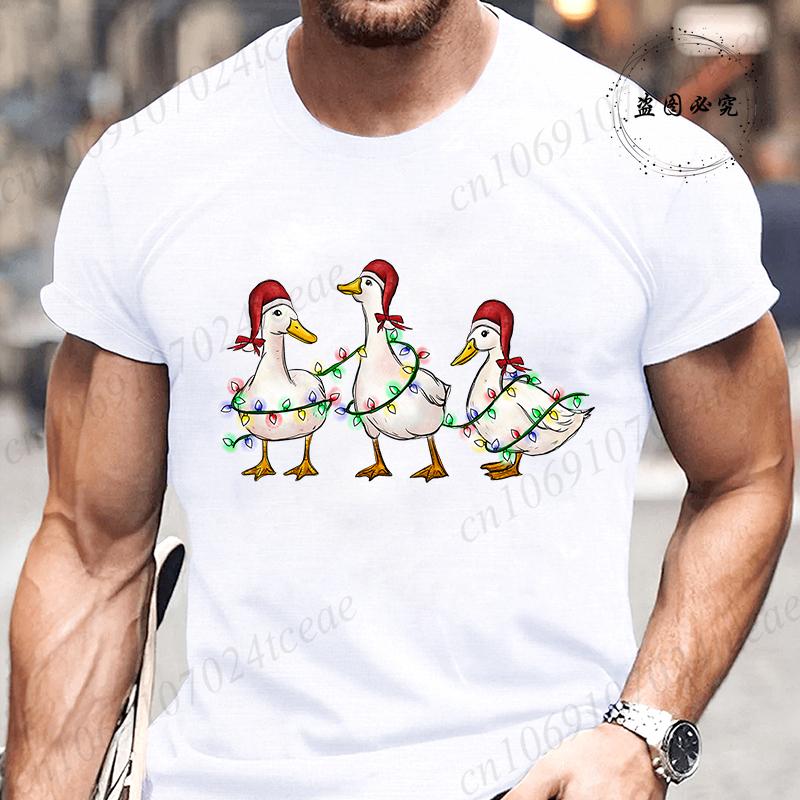 

Men s T-shirt Casual Funny Duck Santa Hat Christmas Lights Print T-Shirts Loose O-neck Top for Men Fashion Male Tee Clothing 6XL