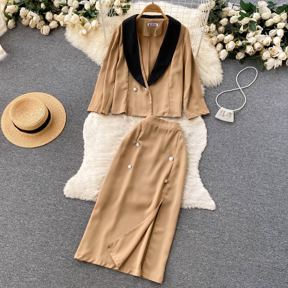 High-End Two-Piece Suit Women's Summer Style Contrast Color Suit Jacket High Waist Mid-Length Slit Skirt