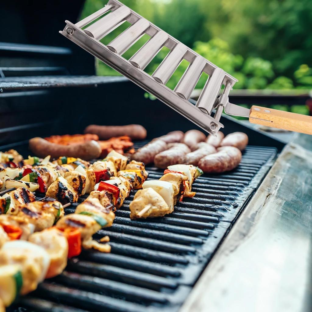 Stainless Steel Hot Dog Roller for Grill + Metal Spatula with Long Wooden Handle, BBQ Hot Dog Rack for Griddle 6 Rollers for Holding 5 Hot Dogs -