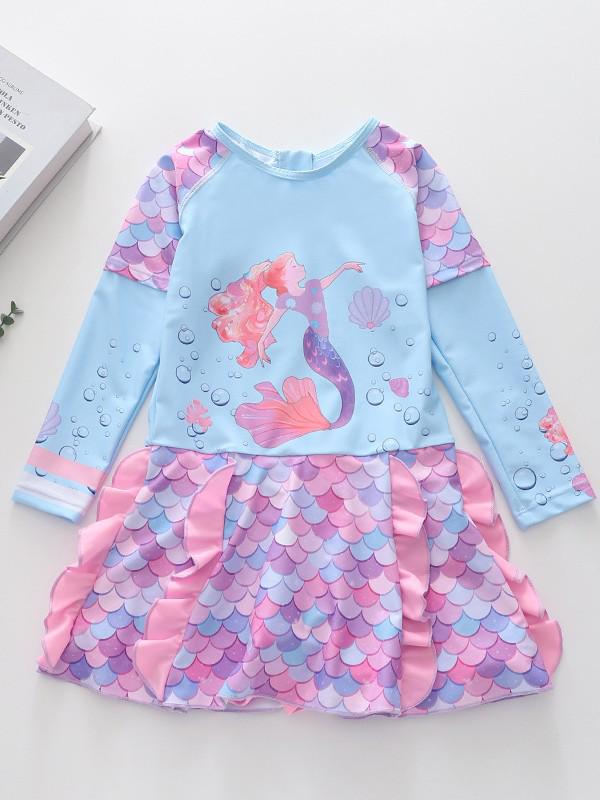 2026 Long Sleeve Girls' One-Piece Swimsuit Skirt Style with CPC Certification for Medium and Large Children