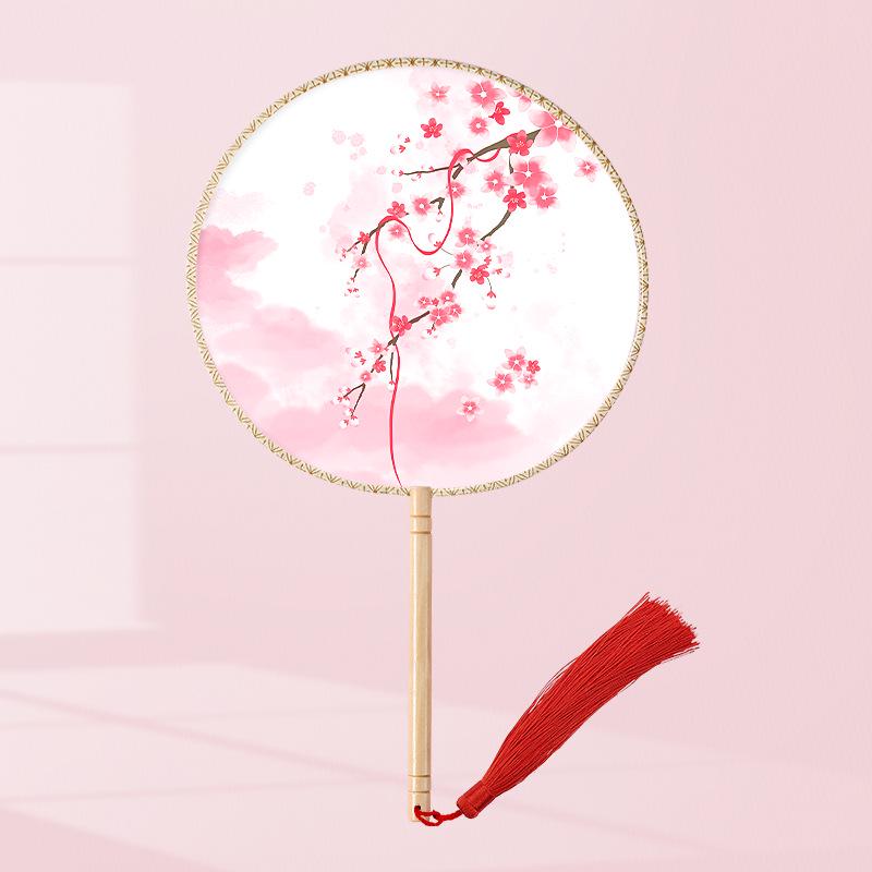 Girls' Summer Hanfu Dance Fan: Long Handle, Double-Sided Embroidered Round Fan for Traditional Costume