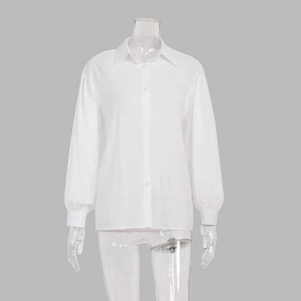 GMXIA Women's Lantern Sleeve Jacquard Shirt Spring Temperament Versatile Polo Collar Small Hollow Design Shirt