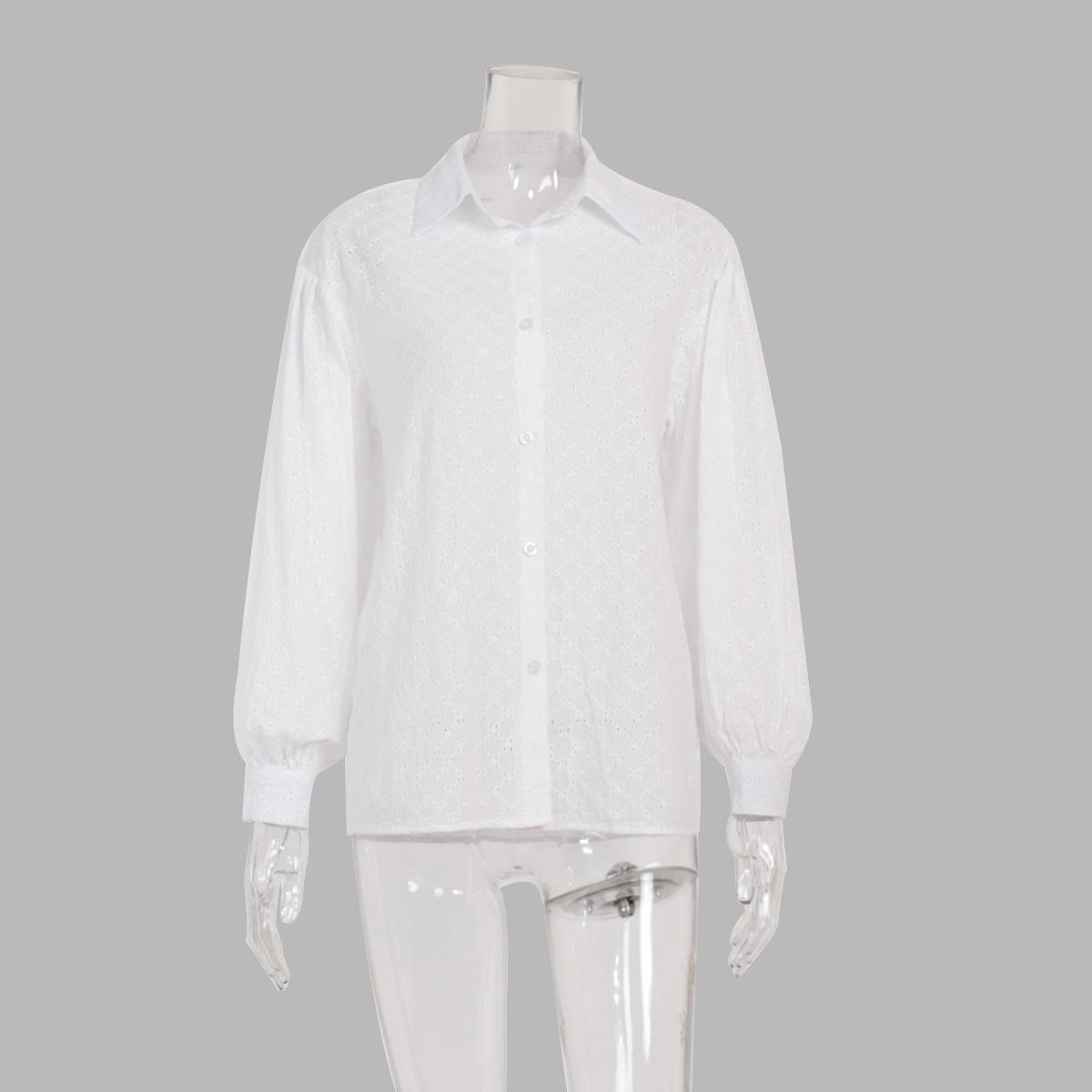 

GMXIA Женская рубашка из жаккарда с рукавами-фонариками, весенний темперамент, универсальный воротник-поло, рубашка с небольшим ажурным узором L белый