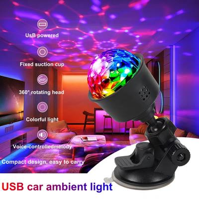 Mini USB LED Atmosférická Lampa do Auta s RGB Automatickou Rotací, Disko Noční Světlo na Pódium pro Auto, Vánoční Dekorace, KTV, Domácí Párty, Bar