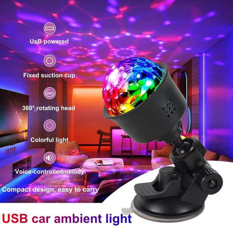 Mini USB LED Atmosférická Lampa do Auta s RGB Automatickou Rotací, Disko Noční Světlo na Pódium pro Auto, Vánoční Dekorace, KTV, Domácí Párty, Bar