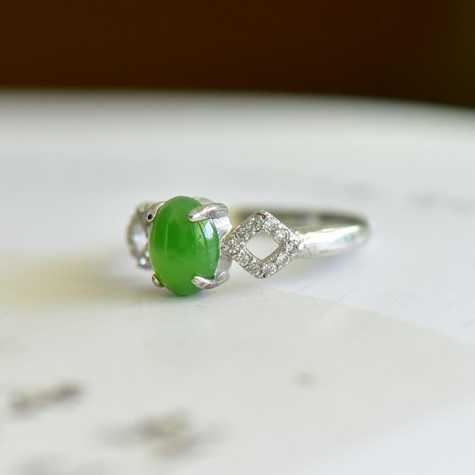 Xinjiang Hotan Jade S925 Silver Inlaid Spinach Green Jasper Egg Face Ring with Mouth Opening Ring for Children with Certificate