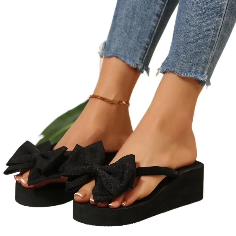 Fashion Women's Shoes 2025 New Pinch Toe Women's Slippers Fashion Butterfly-knot Beach Slippers Women Summer Plus Size Wedge Slippers