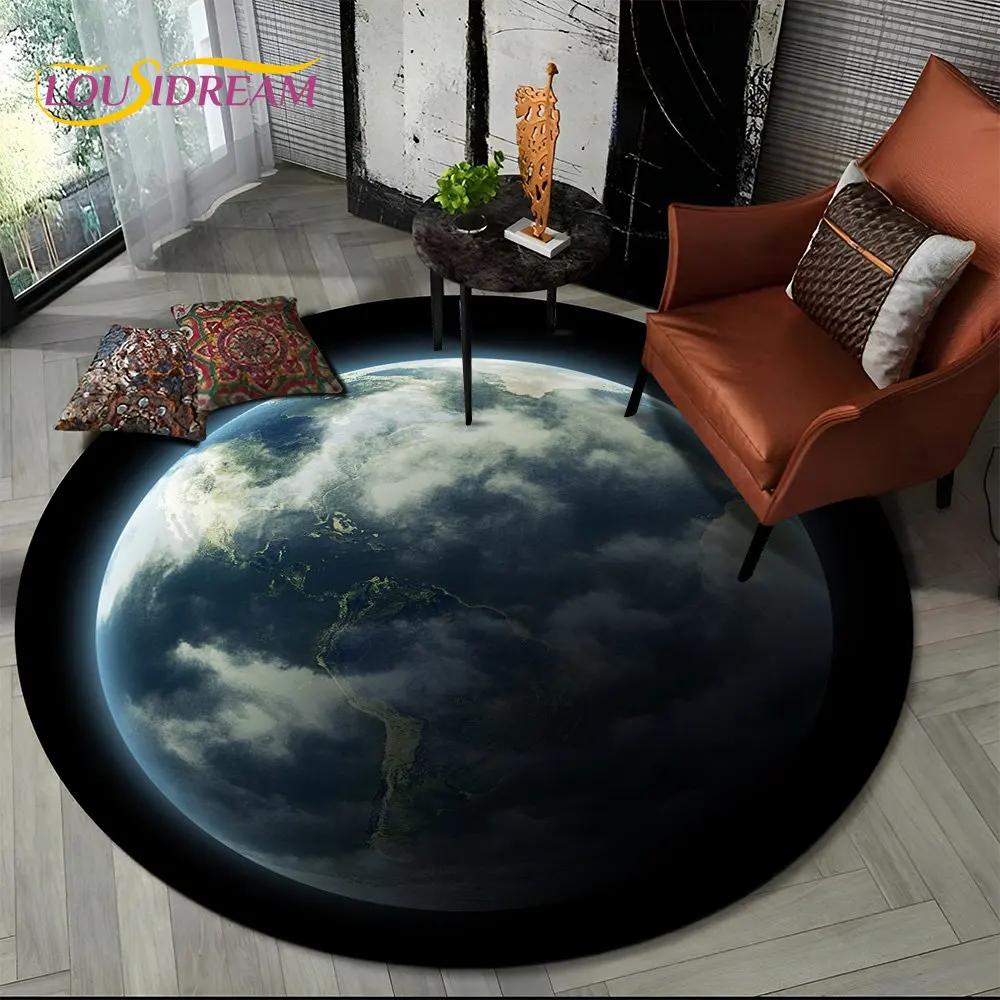 Earth Space Fixed Stars Galaxy Round Area Rug,Carpet for Living Room Children's Bedroom Sofa Playroom Decor,Non-slip Floor Mat