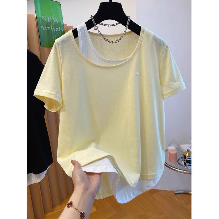 Plus Size Korean Snowflake Cotton Two-Piece Look T-Shirt, Women's Short Sleeve, Loose Casual Top (2026)