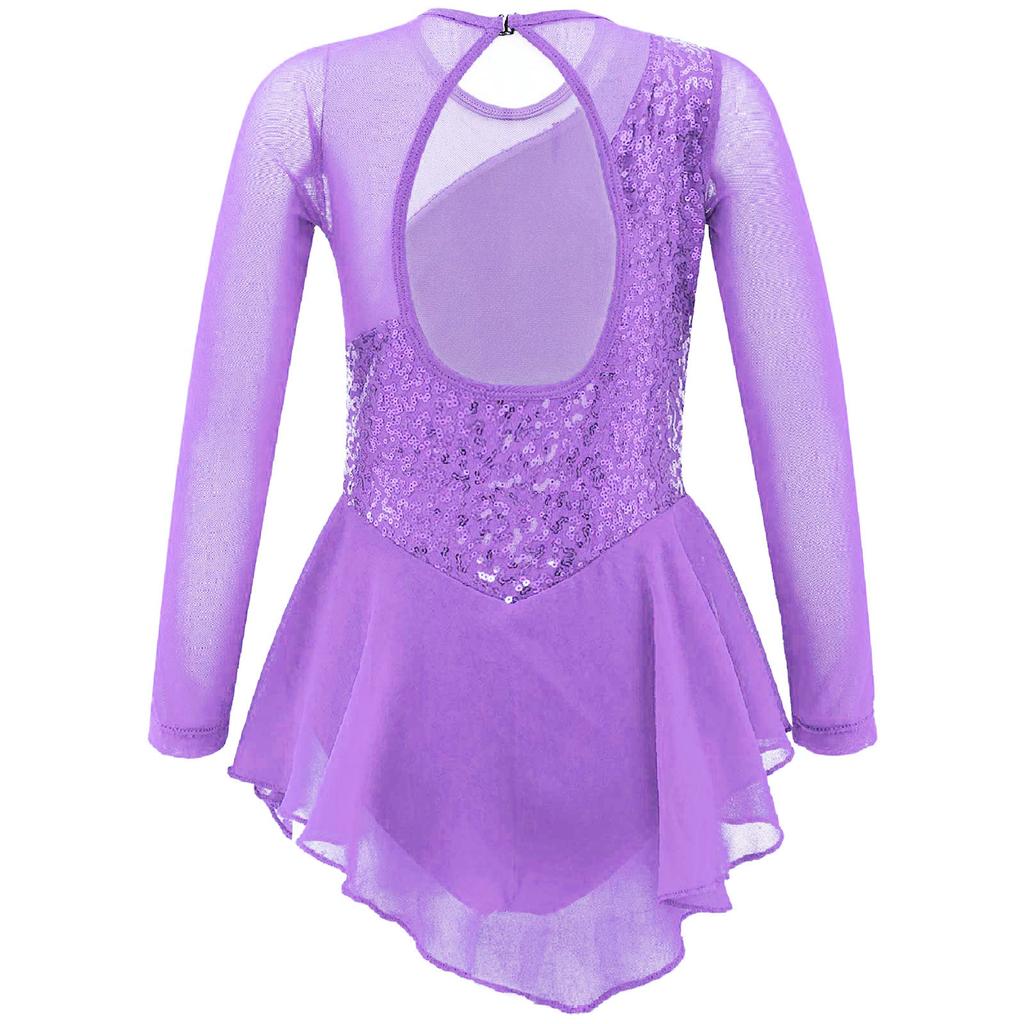 Girls Long Sleeve Dance Dress Round Neck Sequins Flower Front Hollow Back Performance Costume