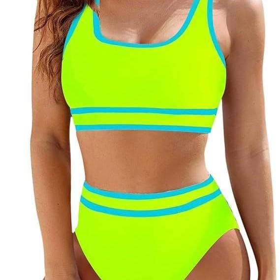 Bikini de Color Sólido de Cintura Alta para Mujer Traje de Dos Piezas Ropa de Playa Multicolor